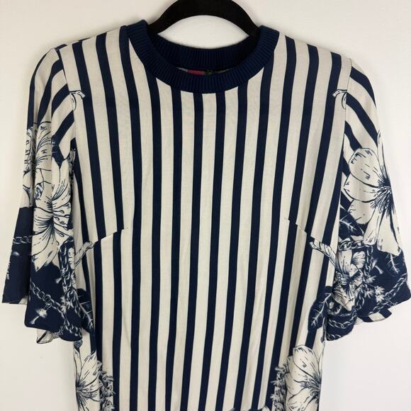 Farm Rio Womens Crewneck Striped Floral Navy/White Half Sleeve Mini Dress Medium - Picture 4 of 10